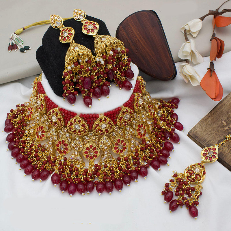 India Art Gold Plated  Kundan Stone And Beads Meenakari Choker Necklace Set