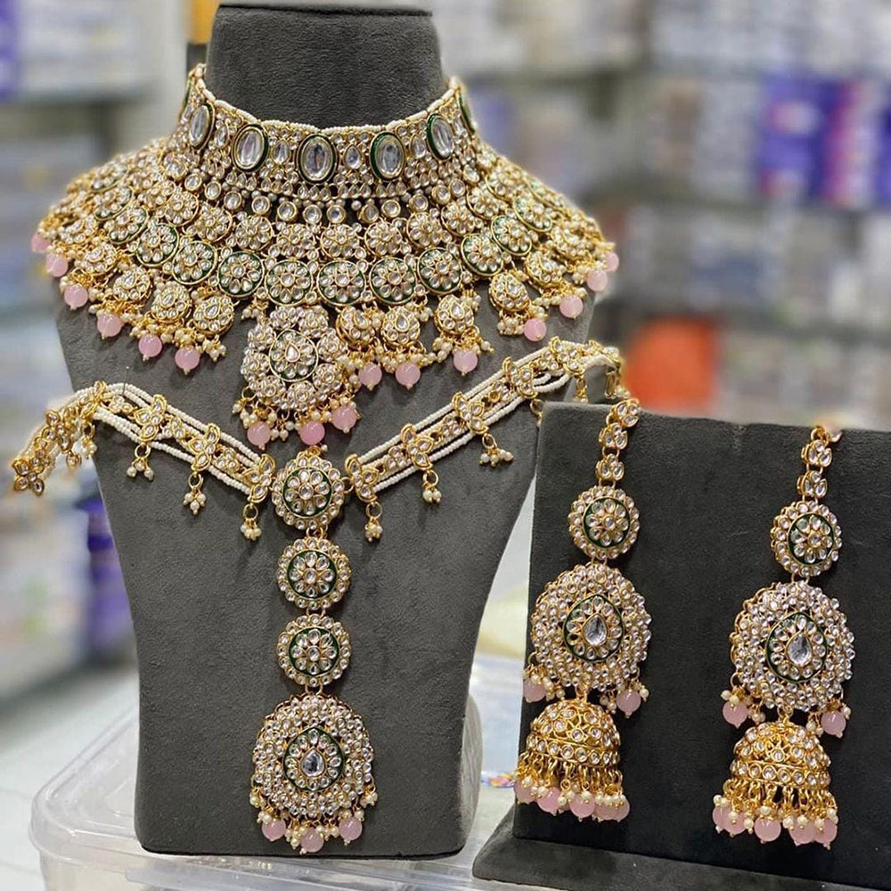 India Art Gold Plated  Kundan Stone And Beads Meenakari Choker Necklace Set