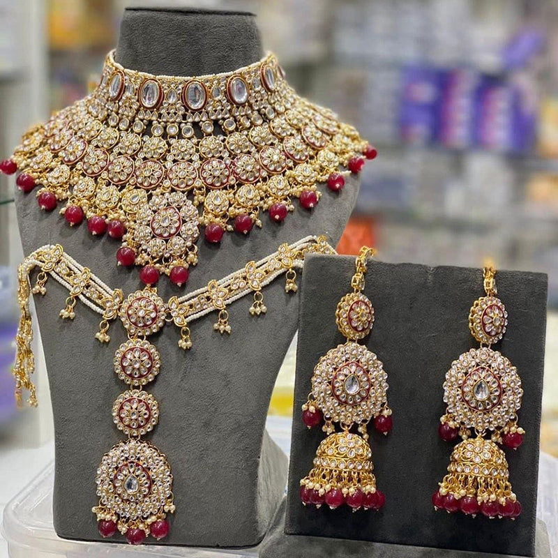 India Art Gold Plated  Kundan Stone And Beads Meenakari Choker Necklace Set