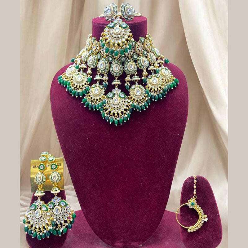 India Art Gold Plated  Kundan Stone And Beads Meenakari Choker Necklace Set