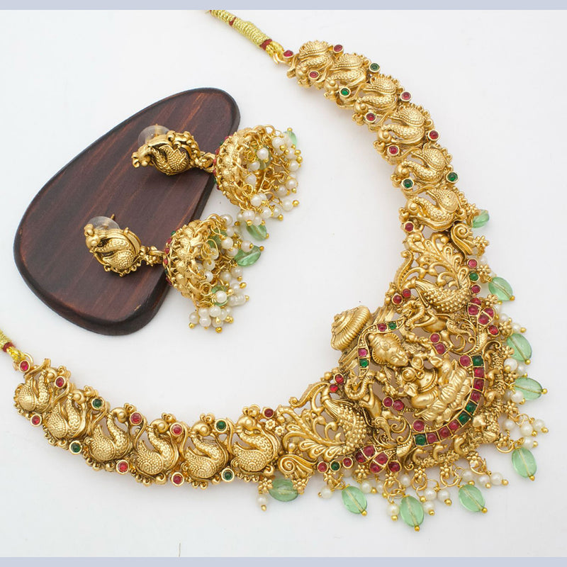 India Art Gold Plated Pota Stone And Beads Temple Necklace Set