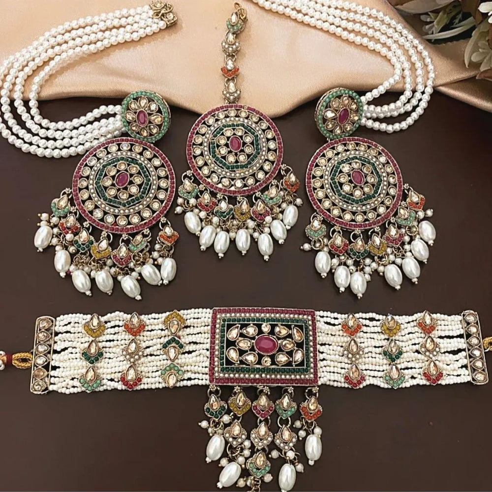 India Art Gold Plated Crystal Stone And Pearl Choker Necklace Set