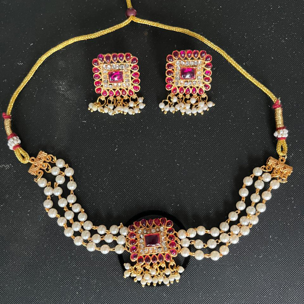 India Art Gold Plated Pota Stone And Pearls Choker Necklace Set