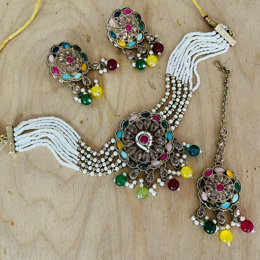 India Art Gold Plated Pota Stone And Pearls Choker Necklace Set