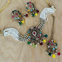India Art Gold Plated Pota Stone And Pearls Choker Necklace Set