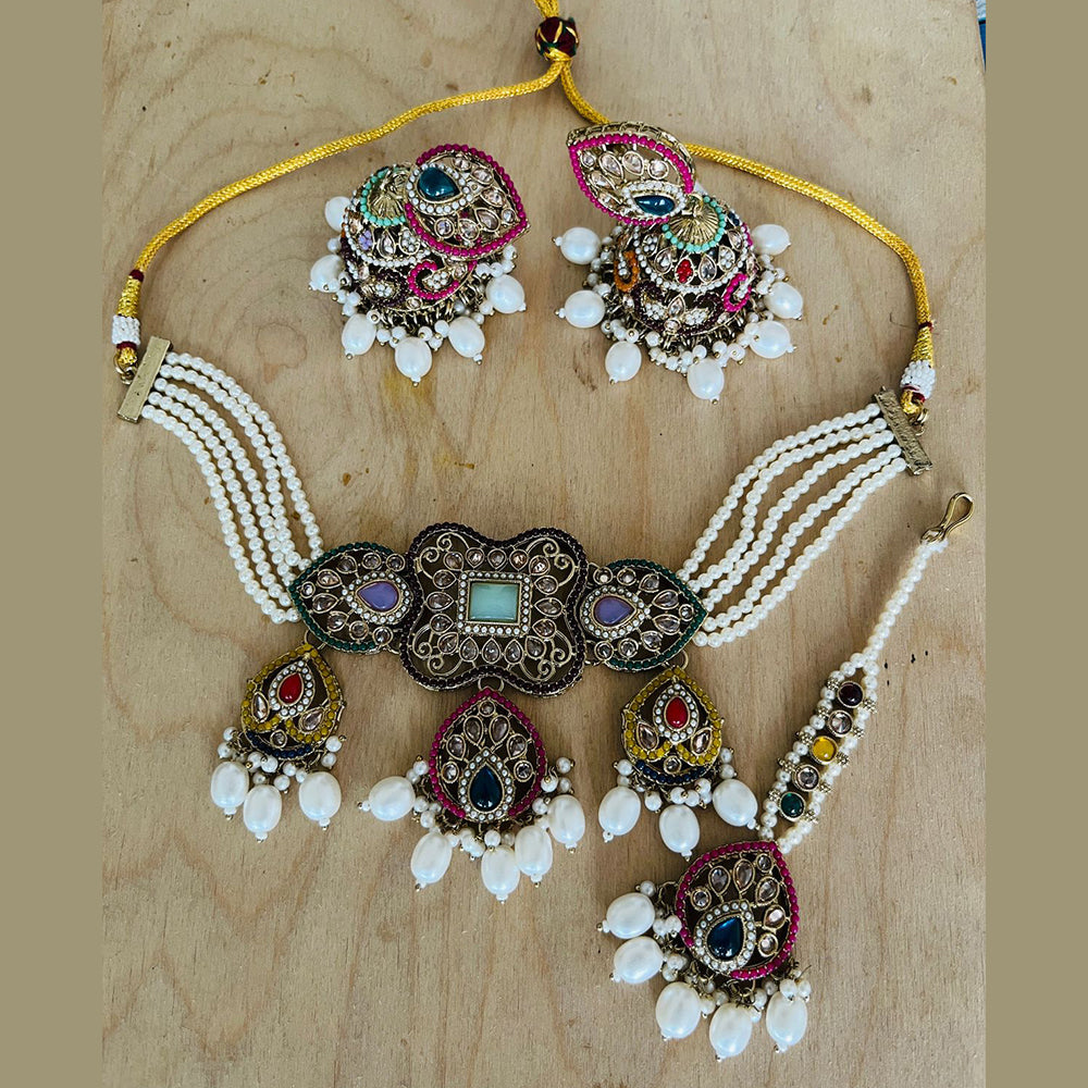 India Art Gold Plated Pota Stone And Pearls Choker Necklace Set