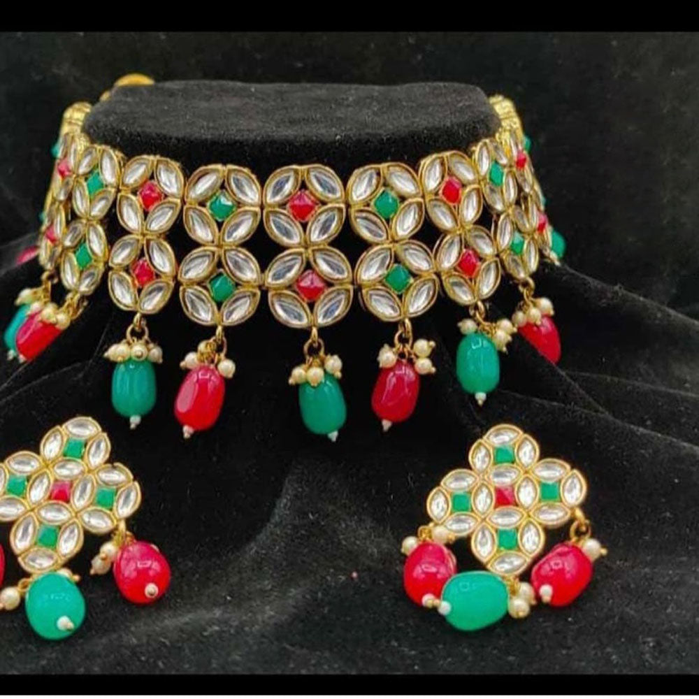 India Art Gold Plated Kundan And Beads Choker Necklace Set