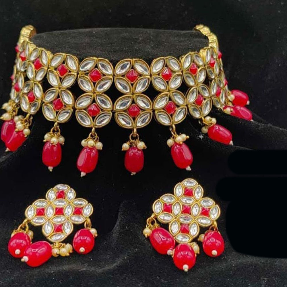 India Art Gold Plated Kundan And Beads Choker Necklace Set