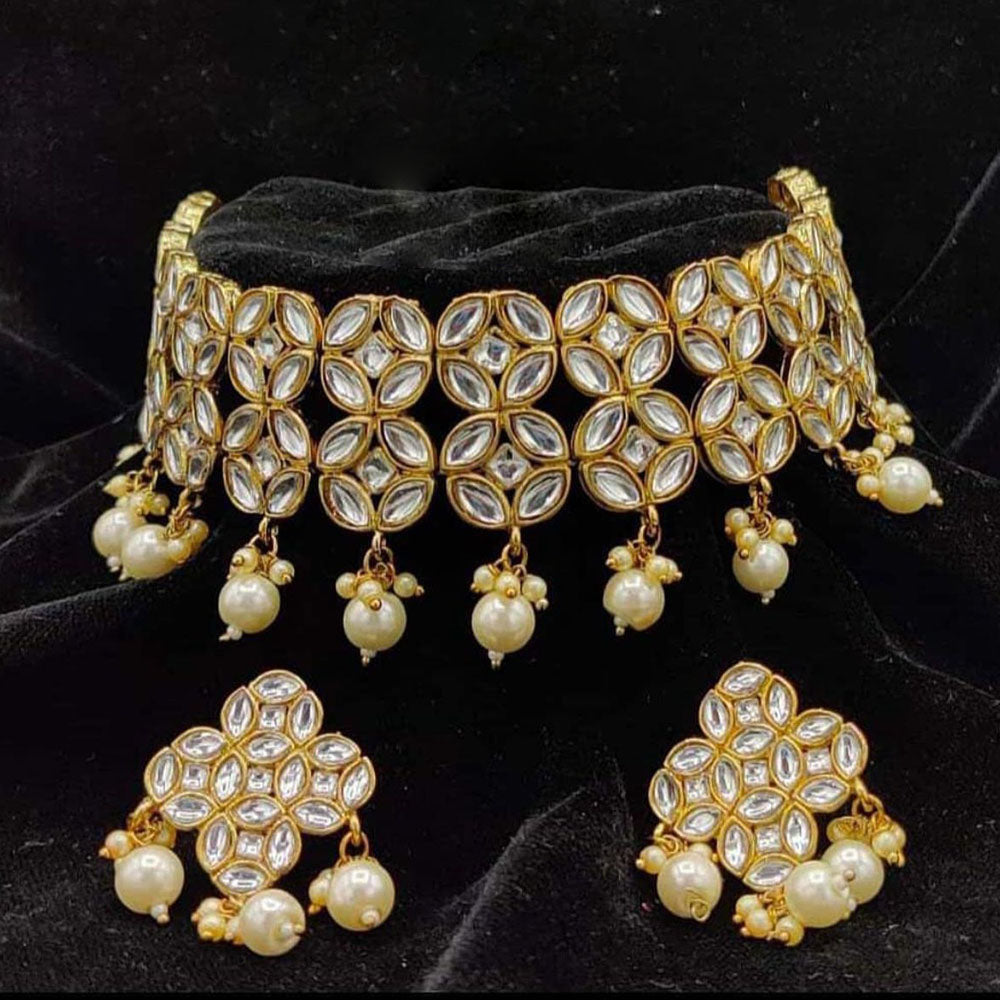 India Art Gold Plated Kundan And Beads Choker Necklace Set