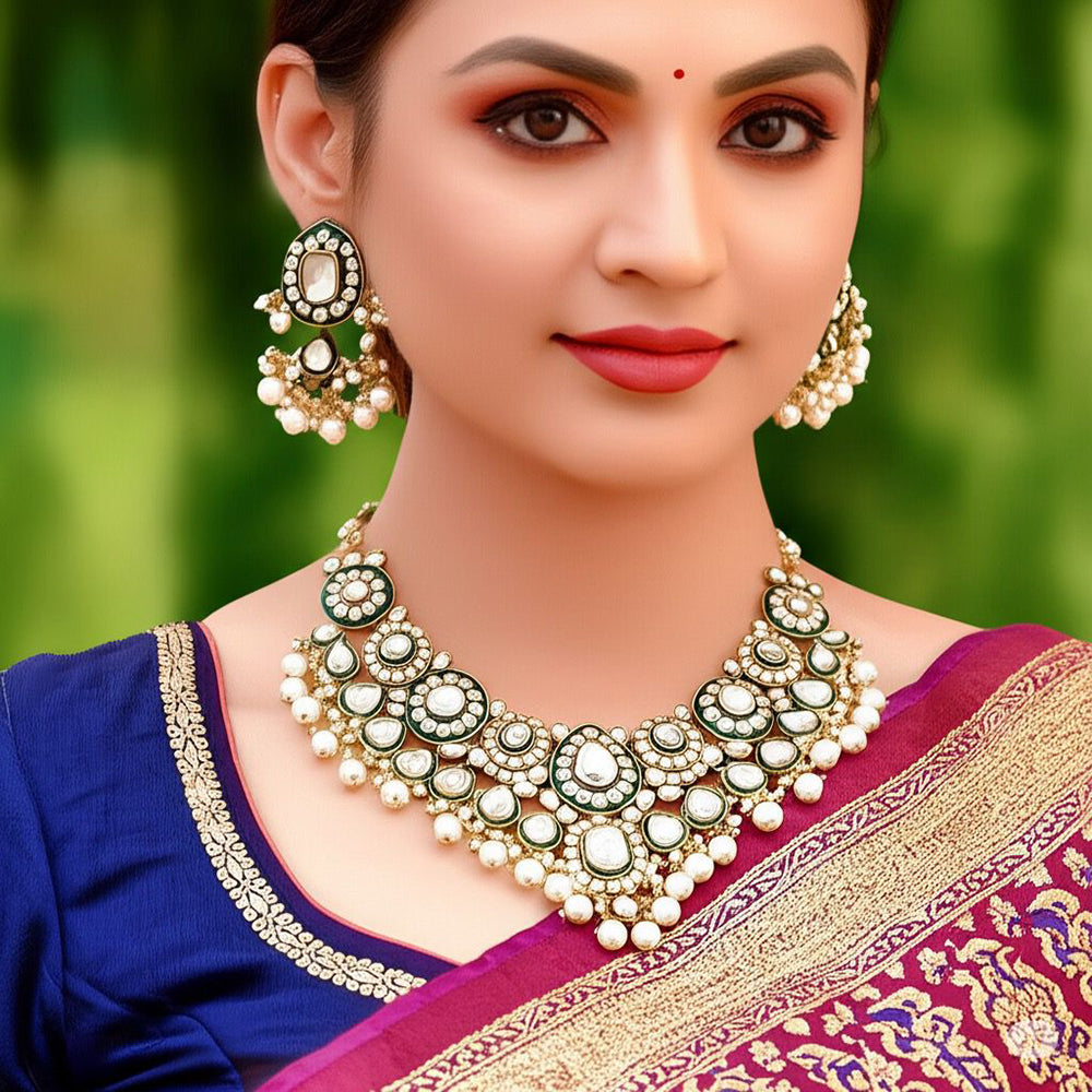 India Art Gold Plated Kundan Stone And Pearls Necklace Set