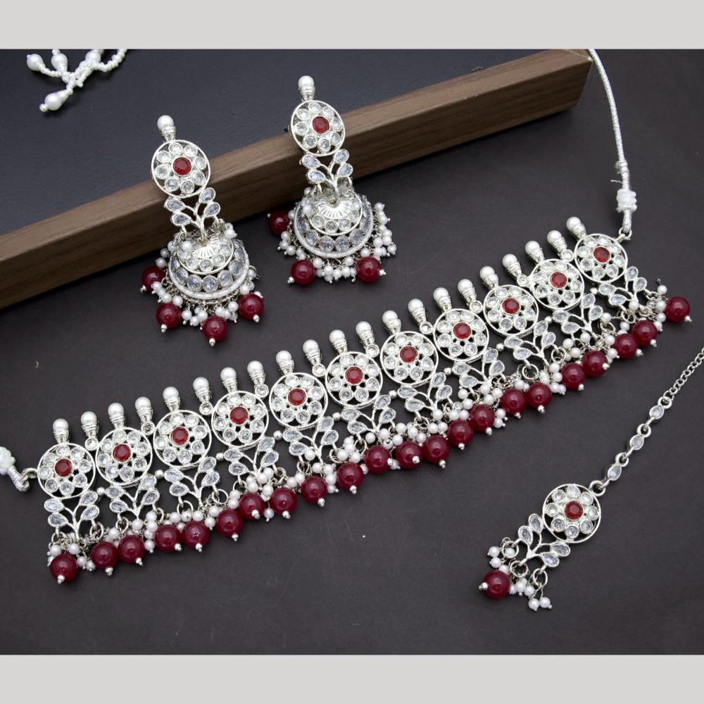 India Art Silver Plated Crystal Stone Beads And Pearl Choker Necklace Set