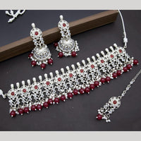 India Art Silver Plated Crystal Stone Beads And Pearl Choker Necklace Set