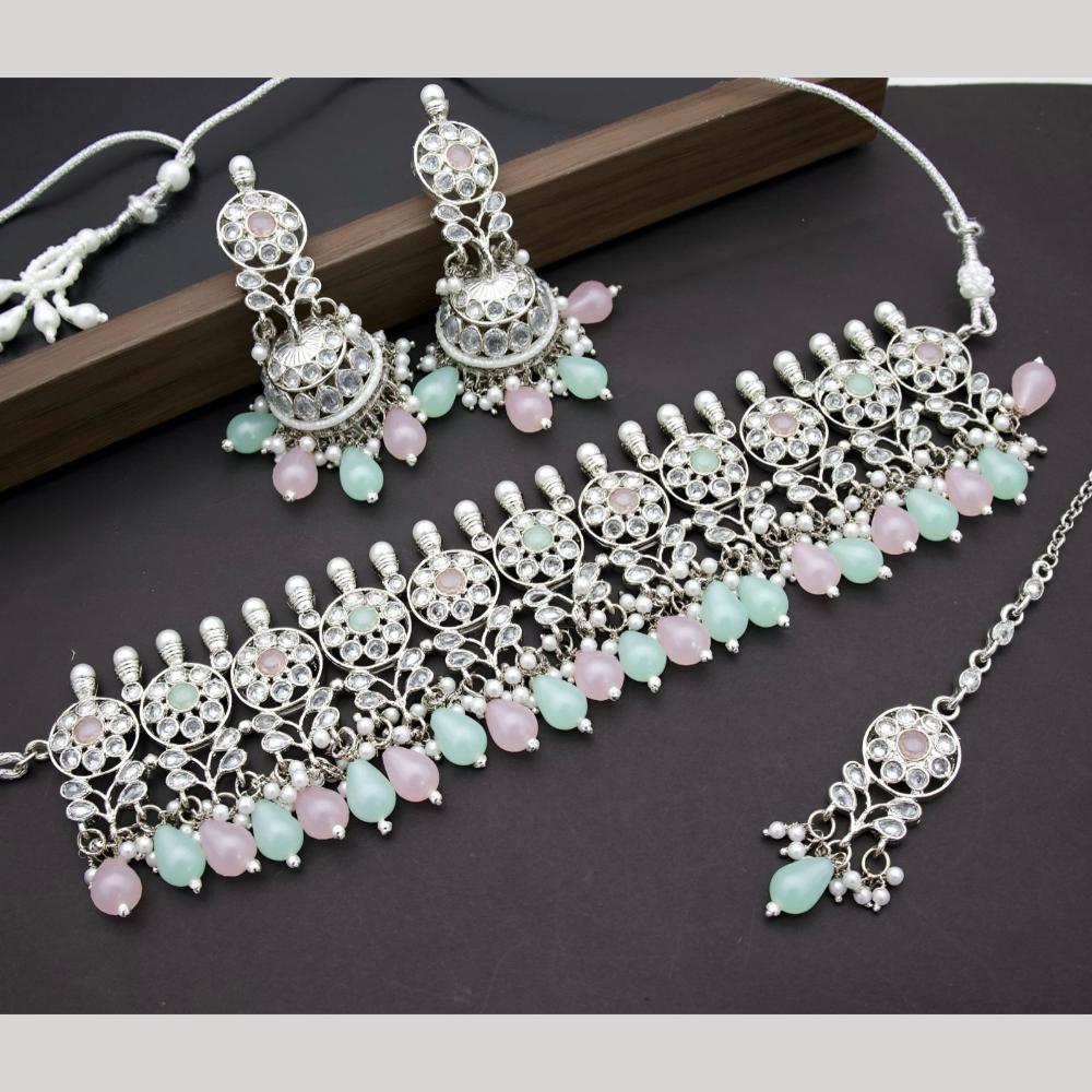 India Art Silver Plated Crystal Stone Beads And Pearl Choker Necklace Set