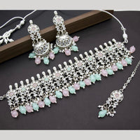 India Art Silver Plated Crystal Stone Beads And Pearl Choker Necklace Set