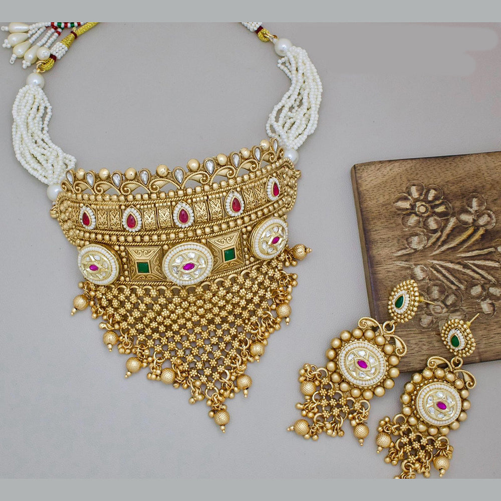 India Art Gold Plated Pota Stone And Pearls Choker Necklace Set