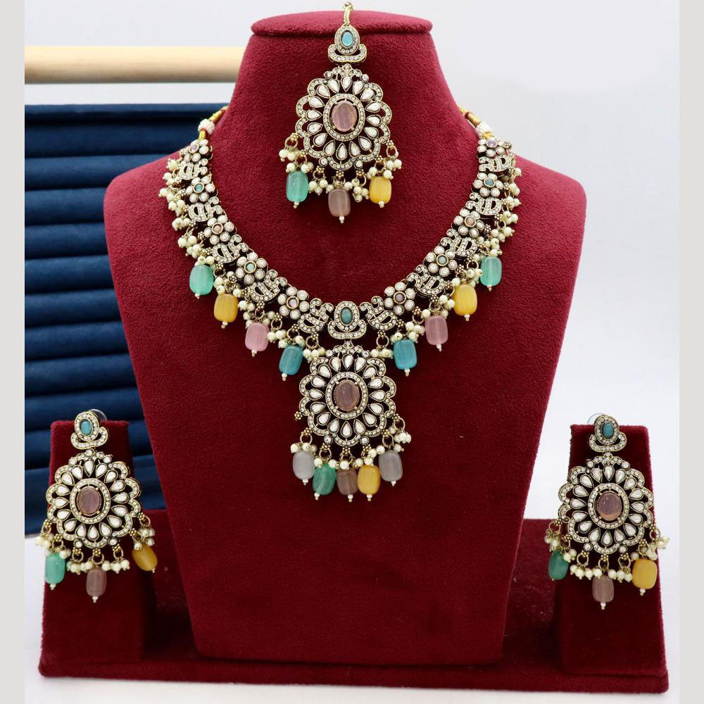 India Art Designer Kundan Necklace Set with Matching Earrings and Maangtikka for Ethnic Outfits