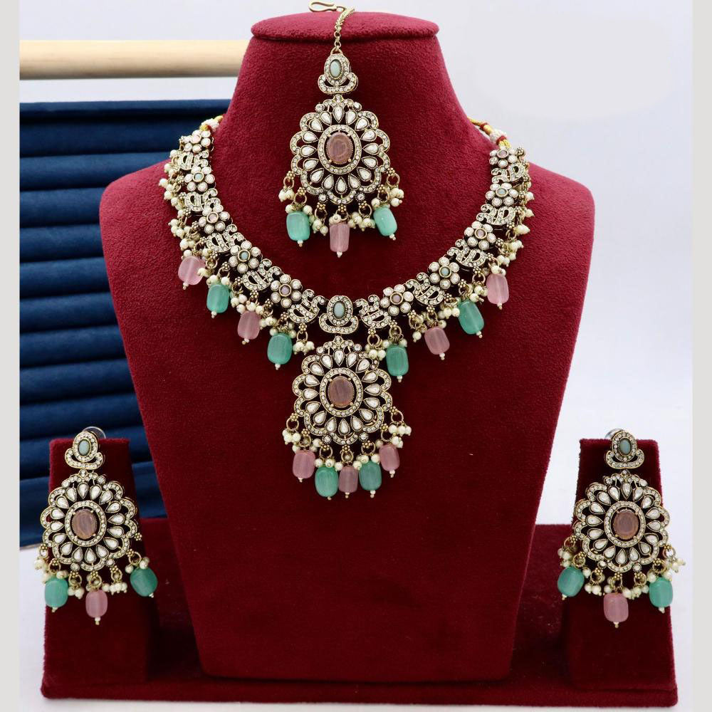India Art Designer Kundan Necklace Set with Matching Earrings and Maangtikka for Ethnic Outfits