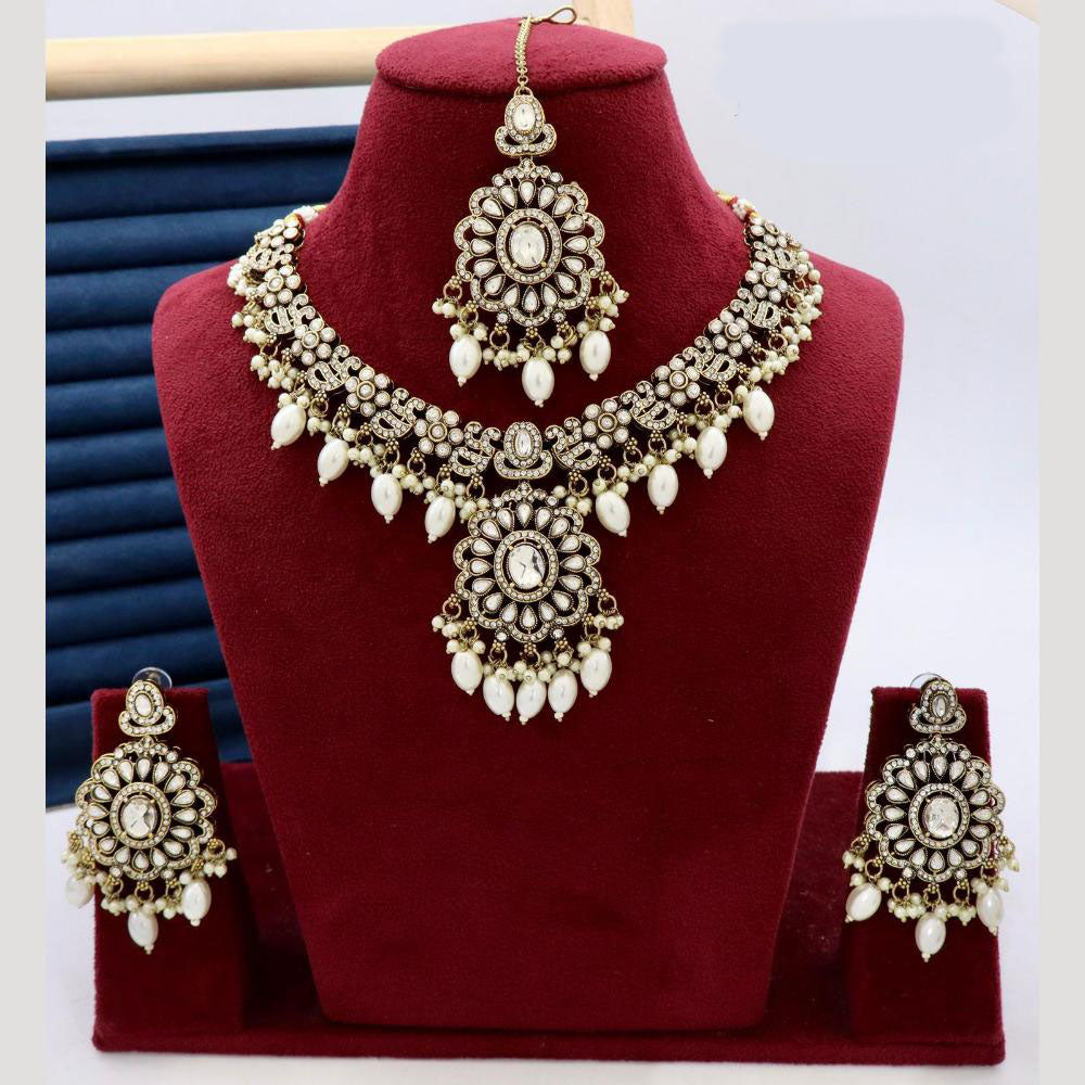 India Art Designer Kundan Necklace Set with Matching Earrings and Maangtikka for Ethnic Outfits