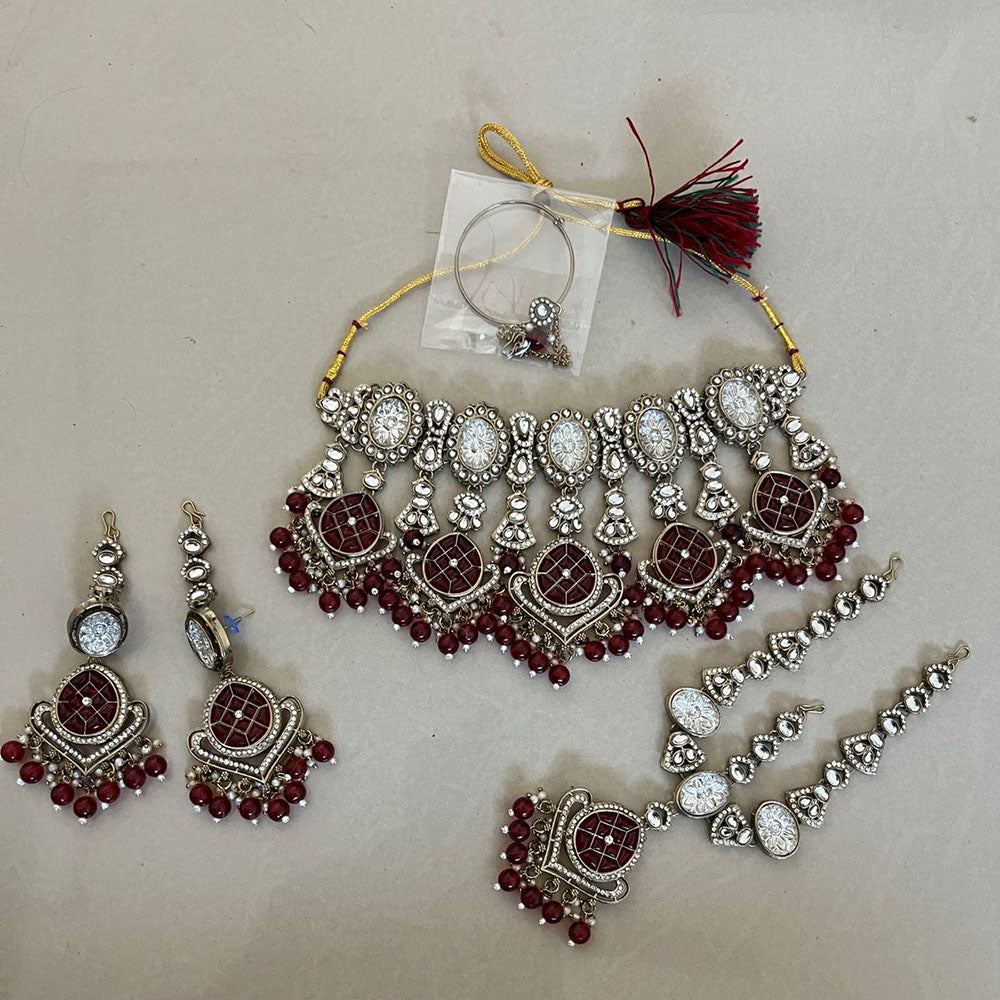 India Art Royal  Pearl Kundan Stone Pearl And Beads Semi Bridal Necklace Set