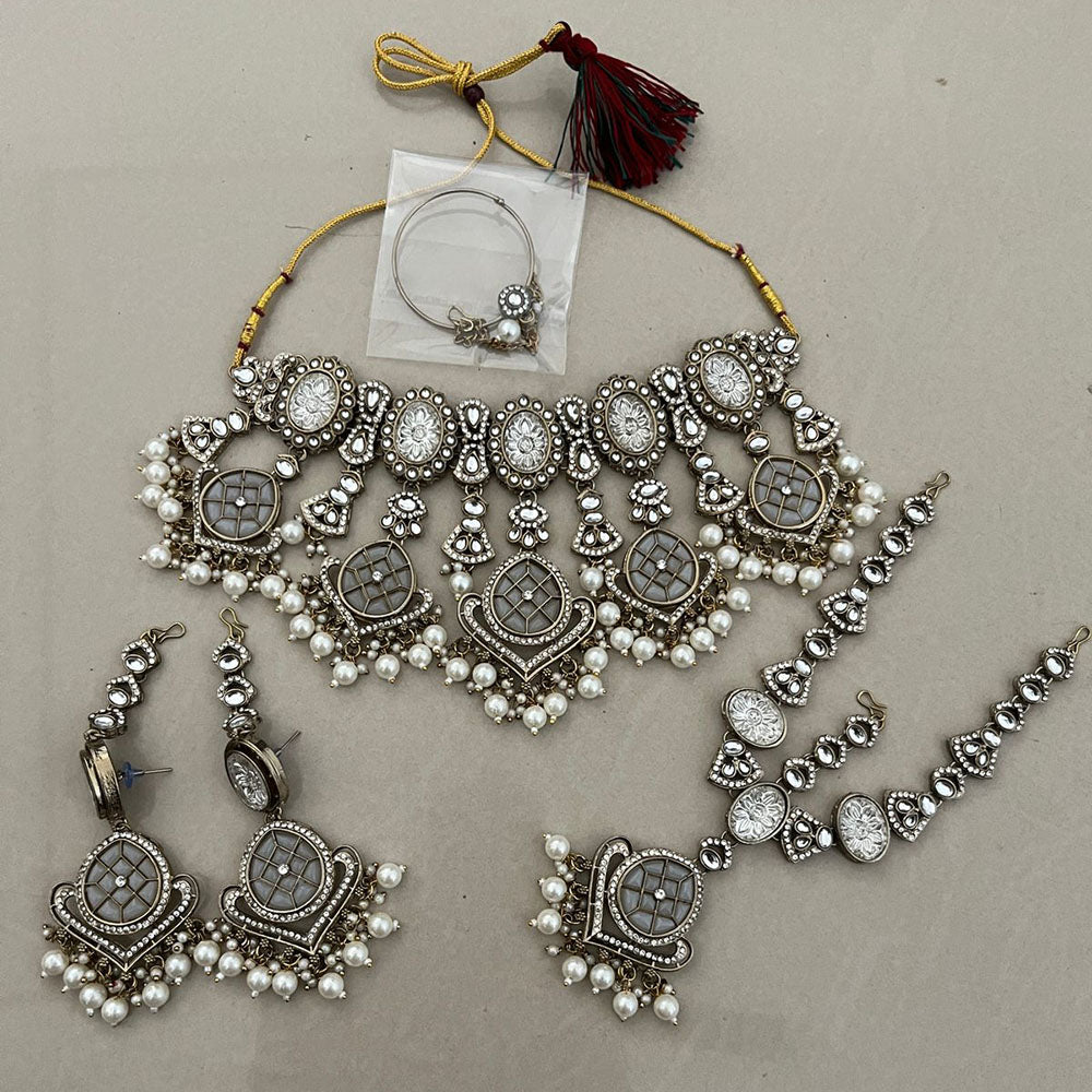 India Art Royal  Pearl Kundan Stone Pearl And Beads Semi Bridal Necklace Set