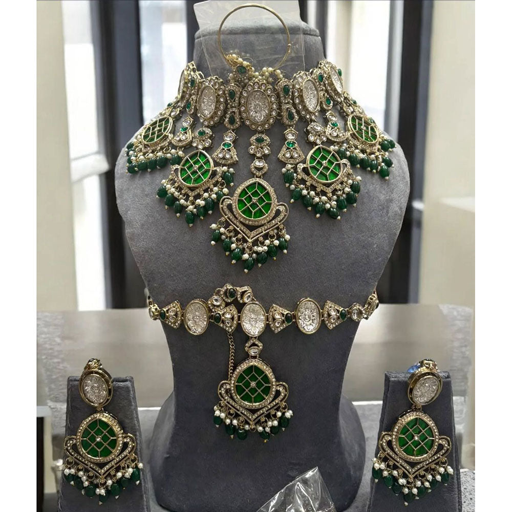 India Art Royal  Pearl Kundan Stone Pearl And Beads Semi Bridal Necklace Set