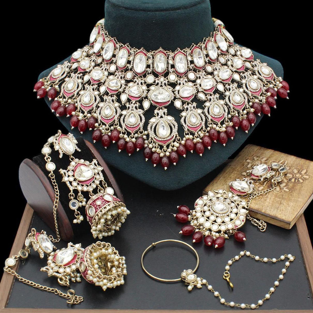 India Art Royal  Pearl Kundan Stone Pearl And Beads Semi Bridal Necklace Set