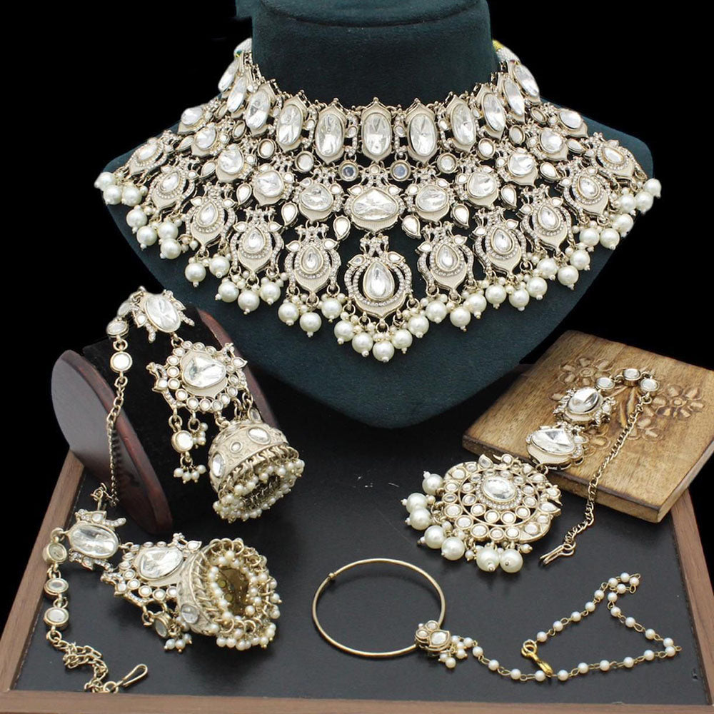 India Art Royal  Pearl Kundan Stone Pearl And Beads Semi Bridal Necklace Set