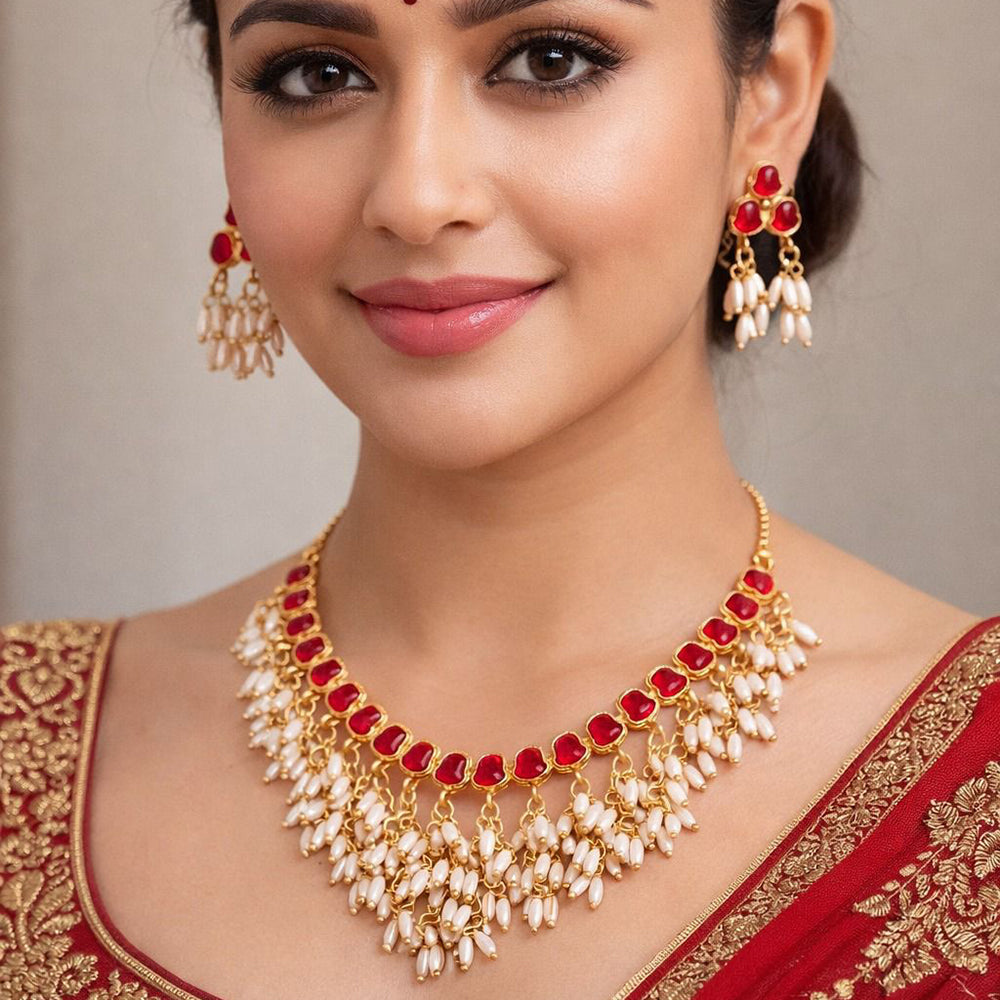 India Art Premium  Pota Stone And Pearl Necklace Set