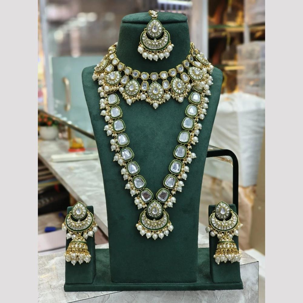 India Art Gold Plated Kundan Stone Meenakari Pearl And Beads Double Necklace Set
