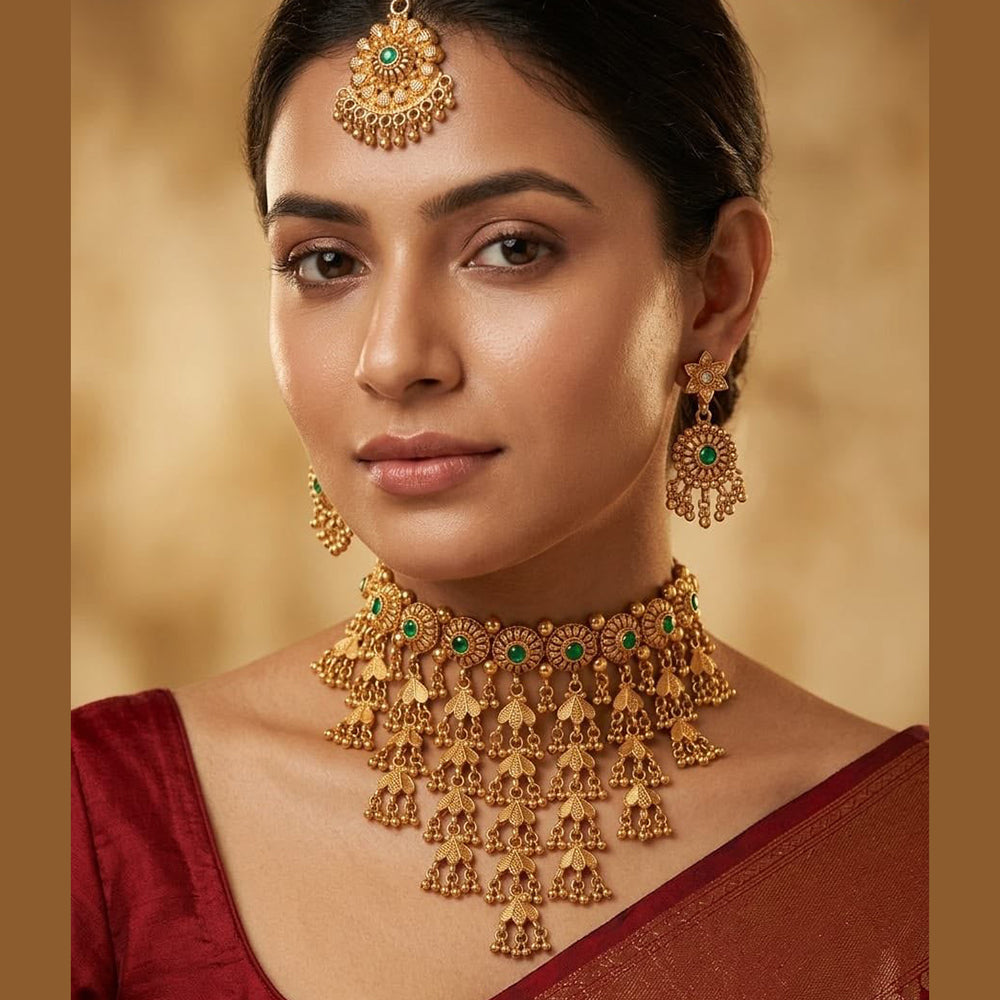 India Art Gold Plated Pota Stone And Pearls Choker Necklace Set