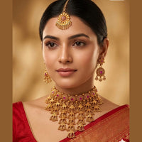 India Art Gold Plated Pota Stone And Pearls Choker Necklace Set