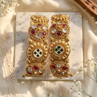 India Art Royal Gold Plated Pota Stone Openable Bangles Set