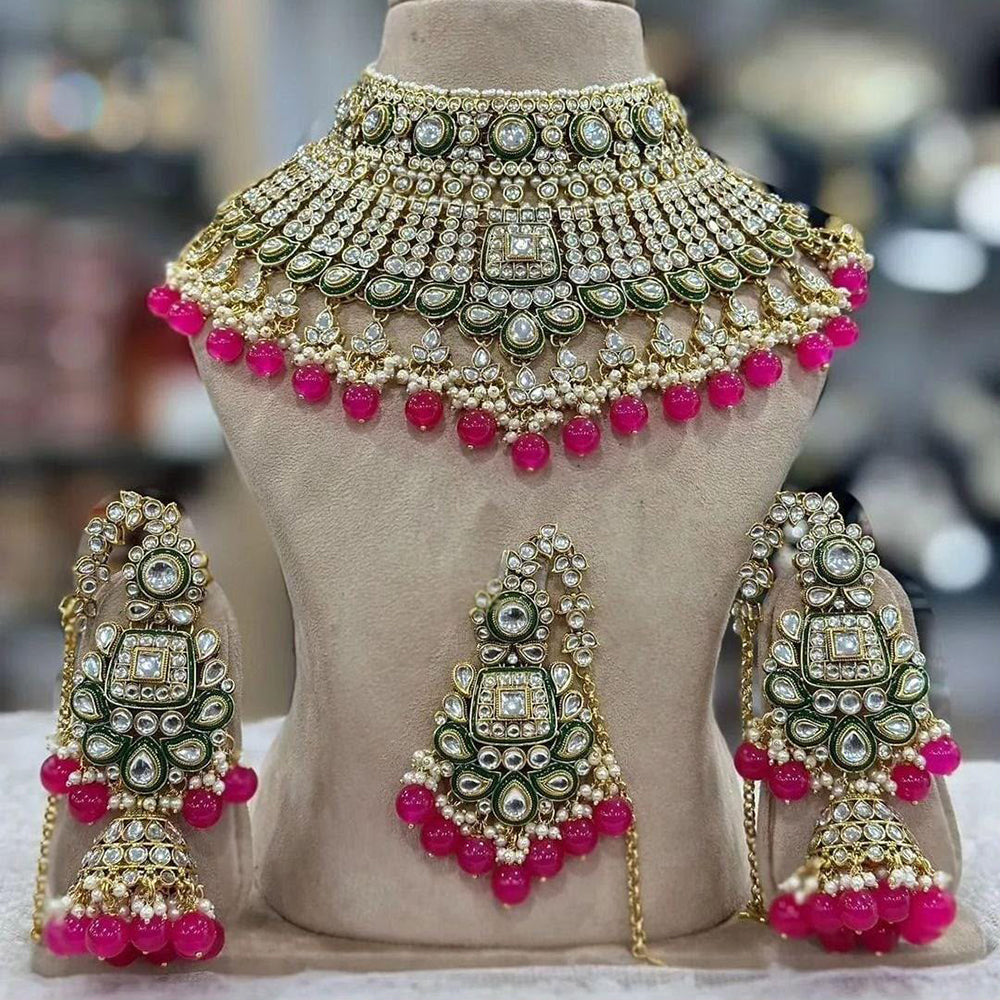 India Art Classic Kundan Stone And Pearl Meenakari Choker Necklace Set for Women