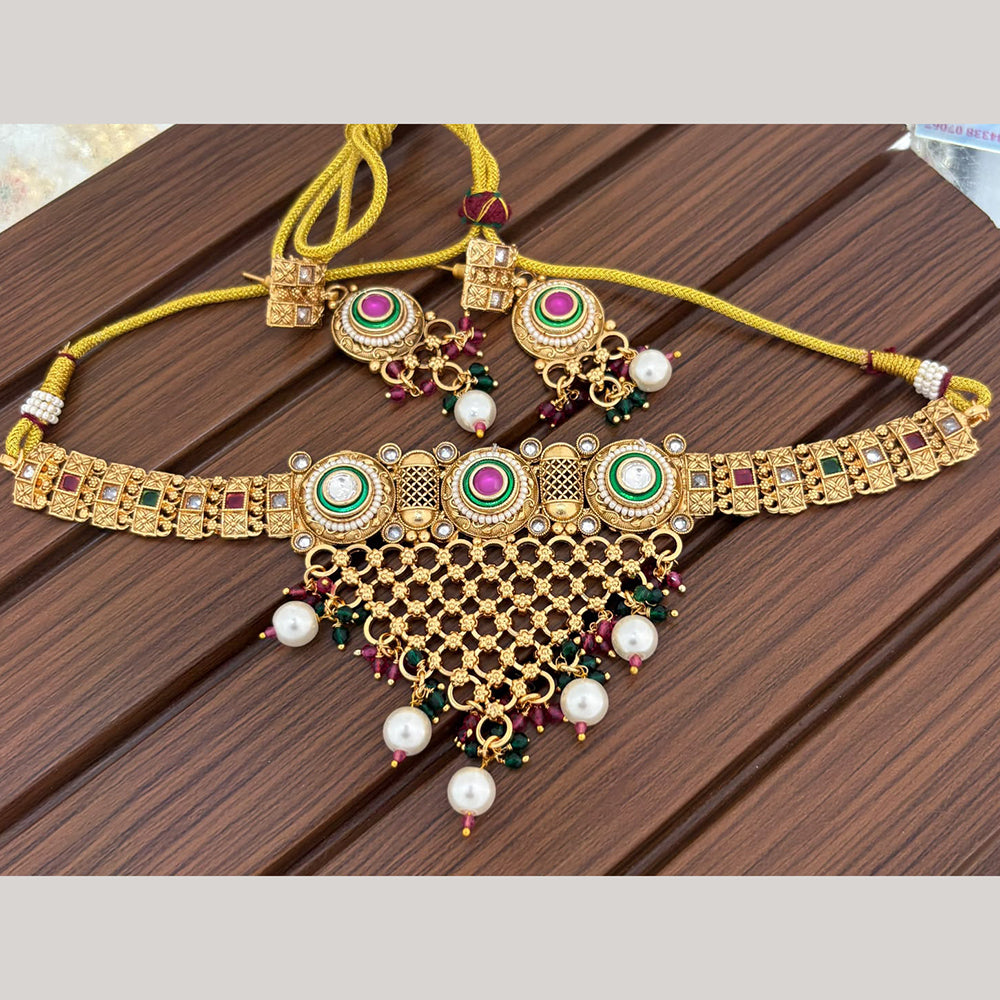 India Art Classic Pota Stone And Pearl Choker Necklace Set for Women