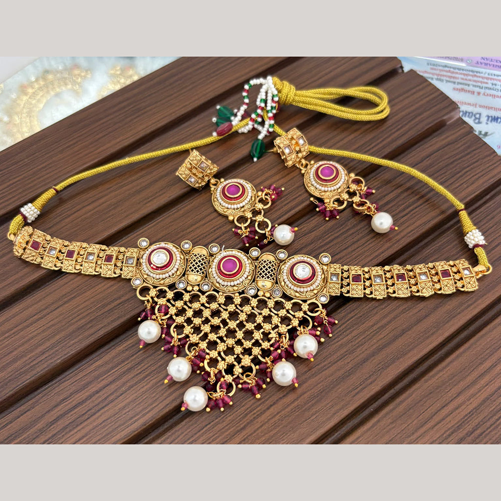 India Art Classic Pota Stone And Pearl Choker Necklace Set for Women
