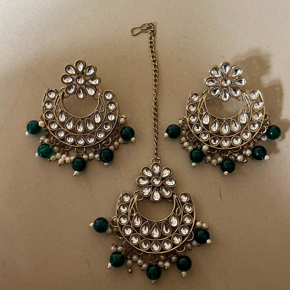 India Art Elegant Kundan Stone And Beads Dangler Earrings With Waangtikka