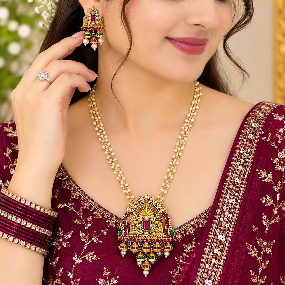 India Art Ethnic Pota Stone Pearl Long Necklace Set