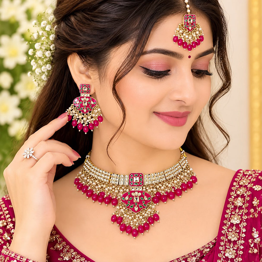 India Art Classic Kundan Stone And Meenakari Choker Necklace Set for Women