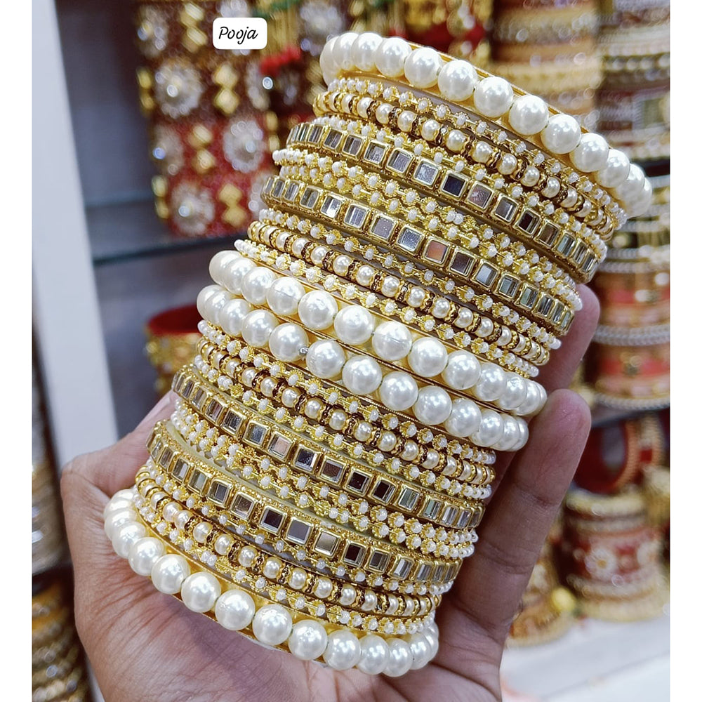 Pooja Bangles Gold Plated Mirror And Pearl Bangles Set