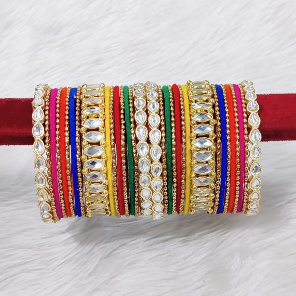 Pooja Bangles Gold Plated Crystal Stone Velvet Bangles Set