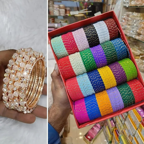 Pooja Bangles Rose Gold Plated Beads Metal Bangles Set (Assorted Color )