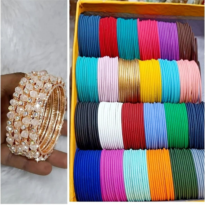 Pooja Bangles Rose Gold Plated Beads Metal Bangles Set (Assorted Color )