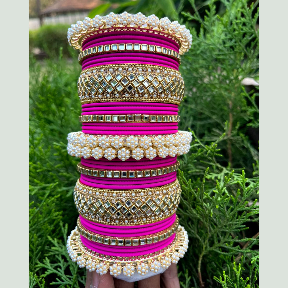 Pooja Bangles Gold Plated Pearl And Velvet Bangles Set