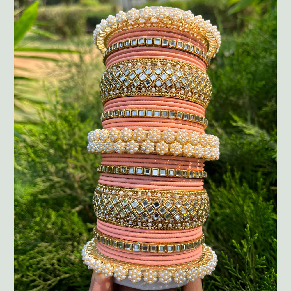 Pooja Bangles Gold Plated Pearl And Velvet Bangles Set