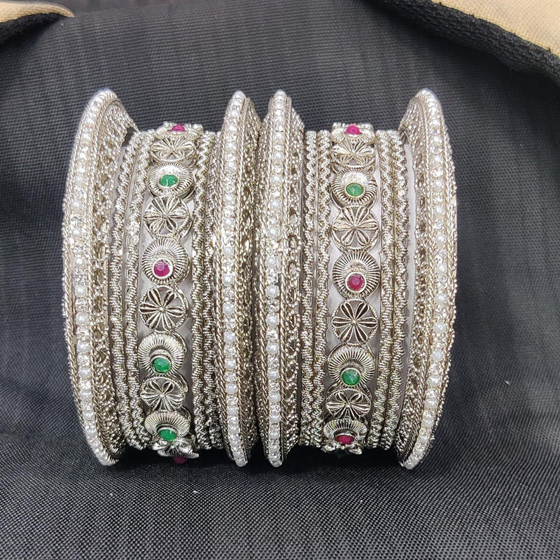 Pooja Bangles Silver  Plated Pota Stone And Pearl Bangles Set