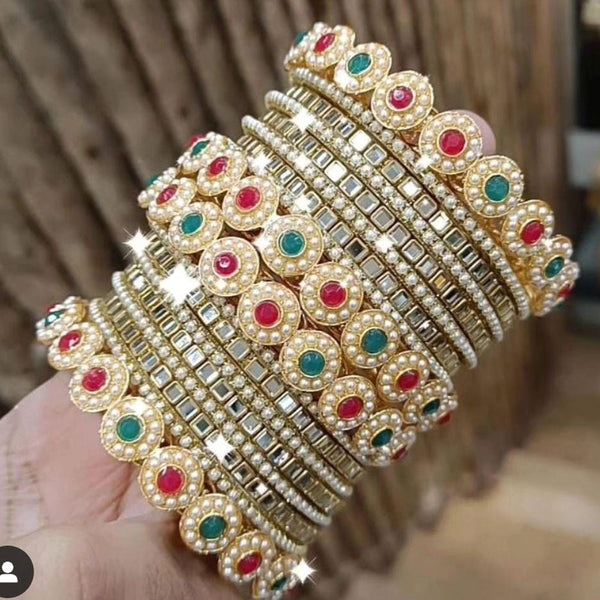 Pooja Bangles Gold Plated Mirror And Pearl Bangles Set