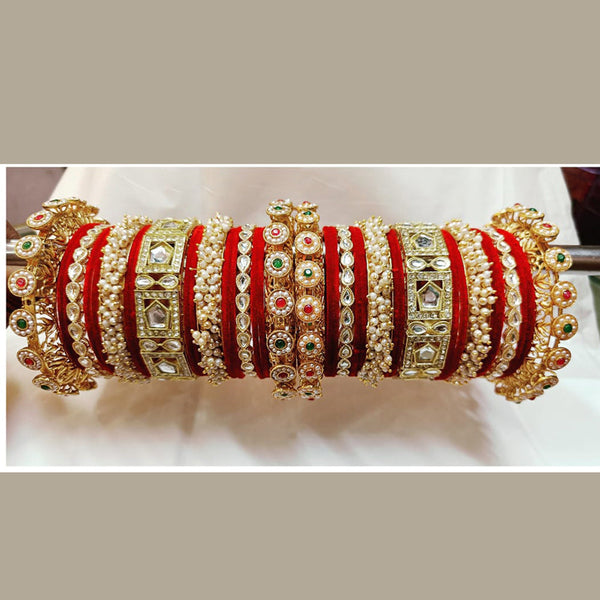 Pooja Bangles Gold Plated Pearl Velvet Bangles Set