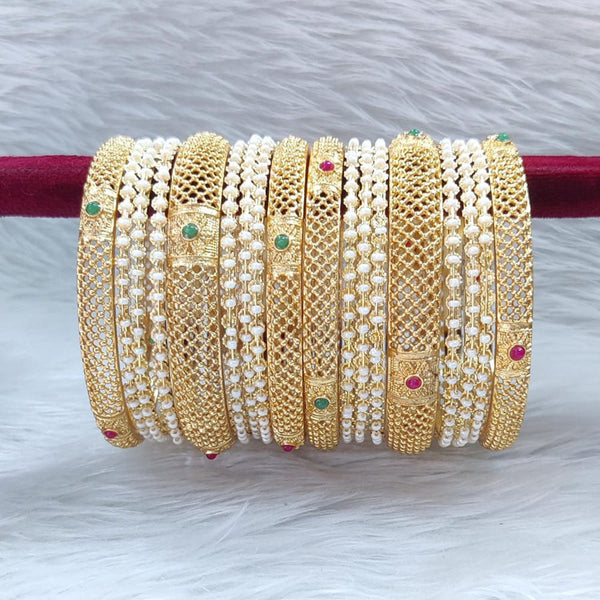 Pooja Bangles Gold Plated Pota Stone And Pearl Bangle Set