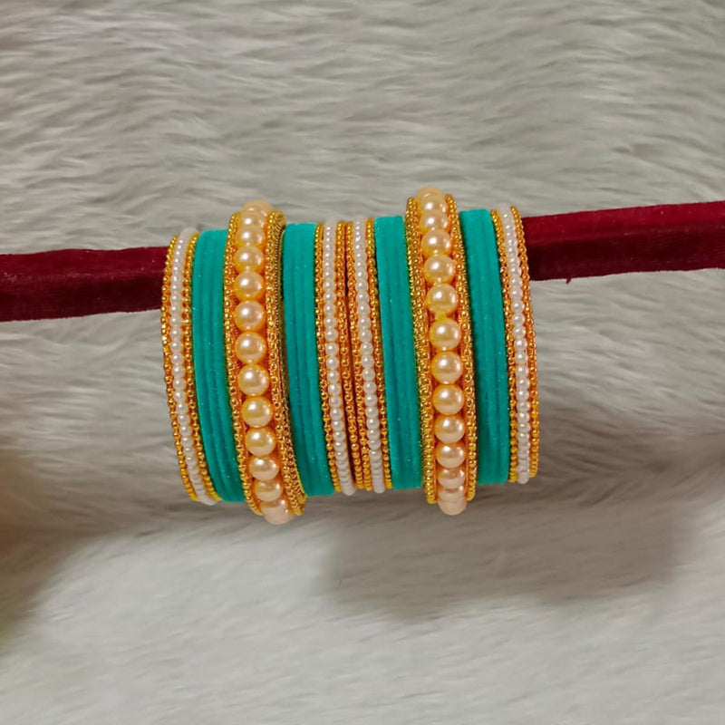 Pooja Bangles Gold Plated Velvet And Pearl Bangle Set