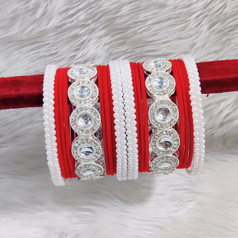 Pooja Bangles Silver Plated Austrian Stone And Velvet Bangles Set